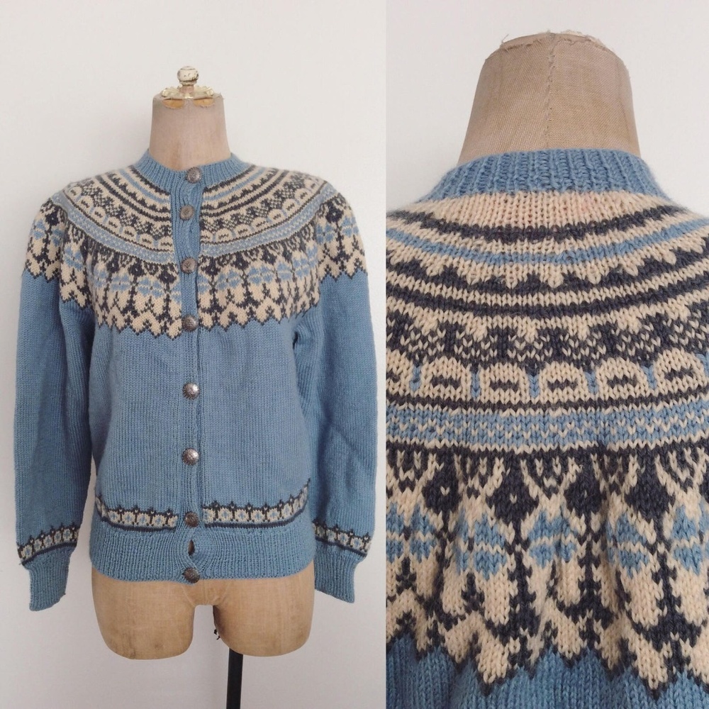 1960's Blue Norwegian Wool Knit Cardigan Sweater Size Small Medium